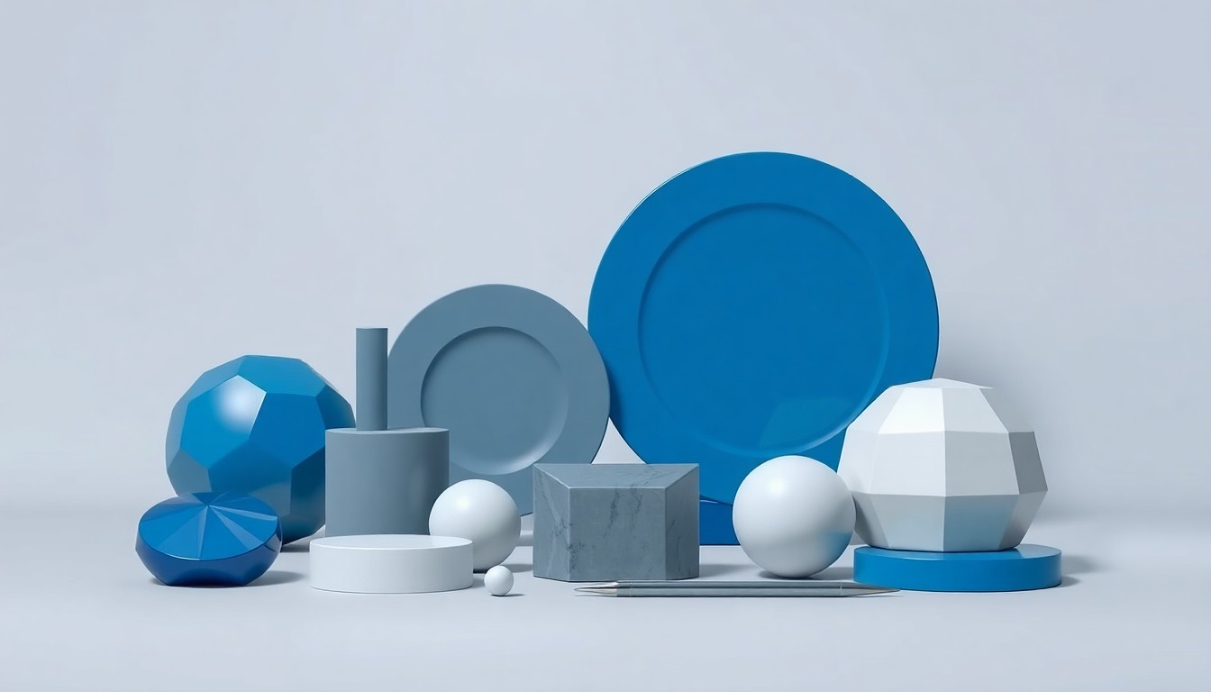 A high-end, photorealistic studio still-life photograph featuring a collection of polished, geometric objects in shades of blue, grey, and white, arranged elegantly on a clean, monochromatic background, conceptually representing the intersection of technology, behavioral science, and disability services that PCSIx aims to address.