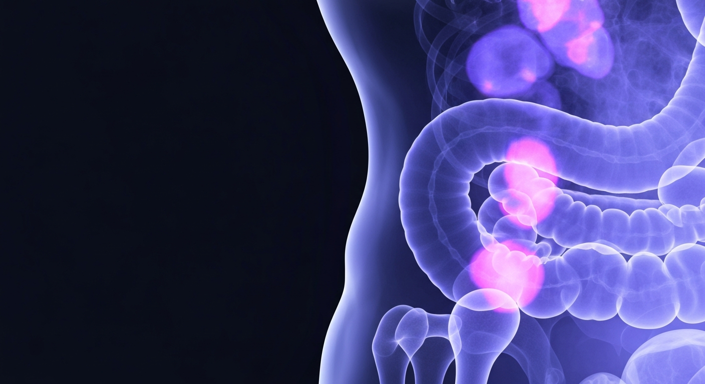 A highly detailed, translucent X-ray-style image of the human digestive system, with certain areas glowing in shades of blue and purple to represent the complications of diverticulitis as detected by the AI algorithm.