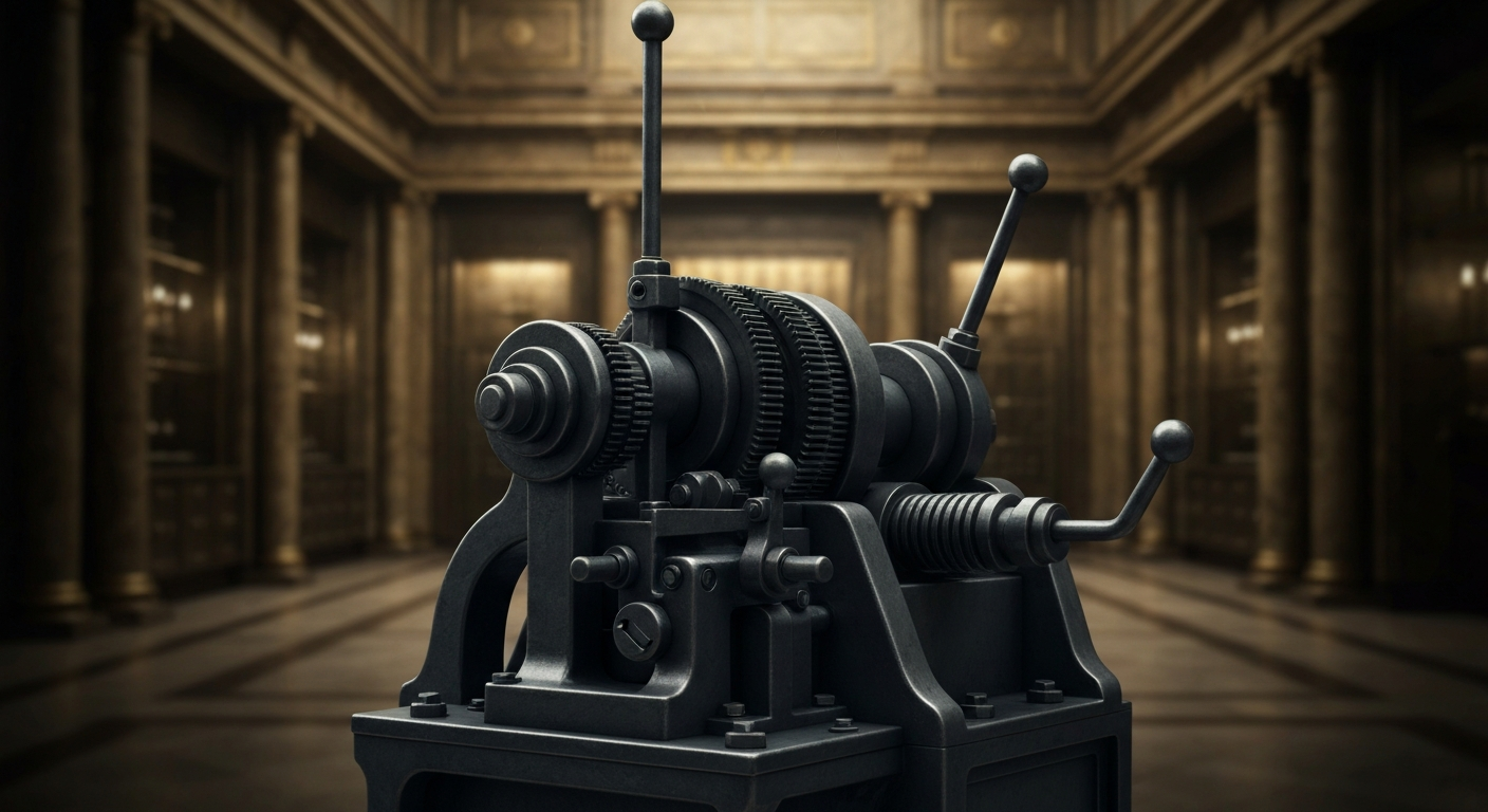 An extreme close-up of intricate, industrial-looking banking and financial equipment, conveying the idea of the complex systems and mechanics that power large healthcare corporations.