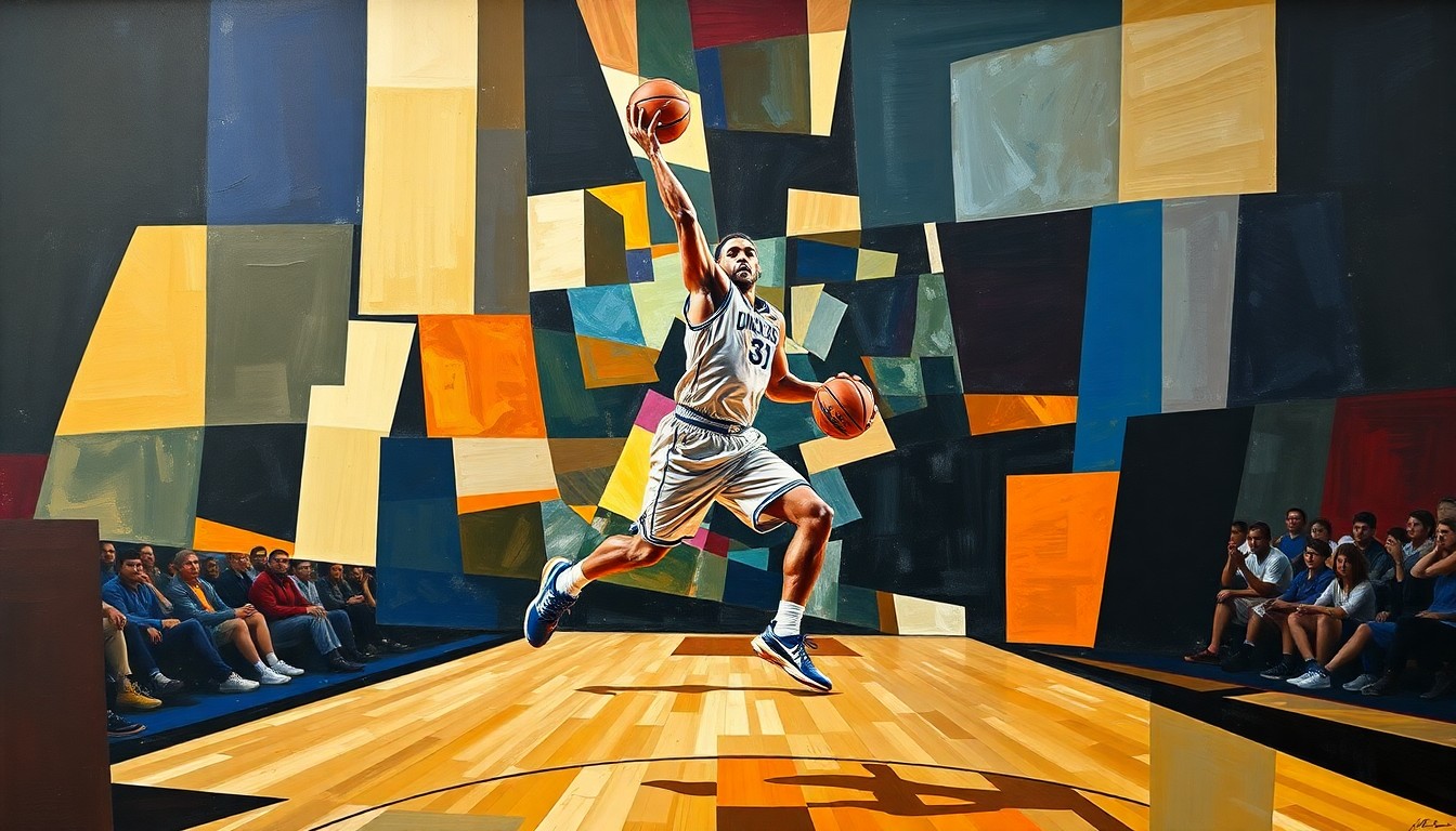A cubist-style painting depicting a basketball player's movements broken down into sharp, overlapping geometric shapes and planes, representing the uncertainty and fragmentation facing the Dayton Flyers after the loss of a key player.