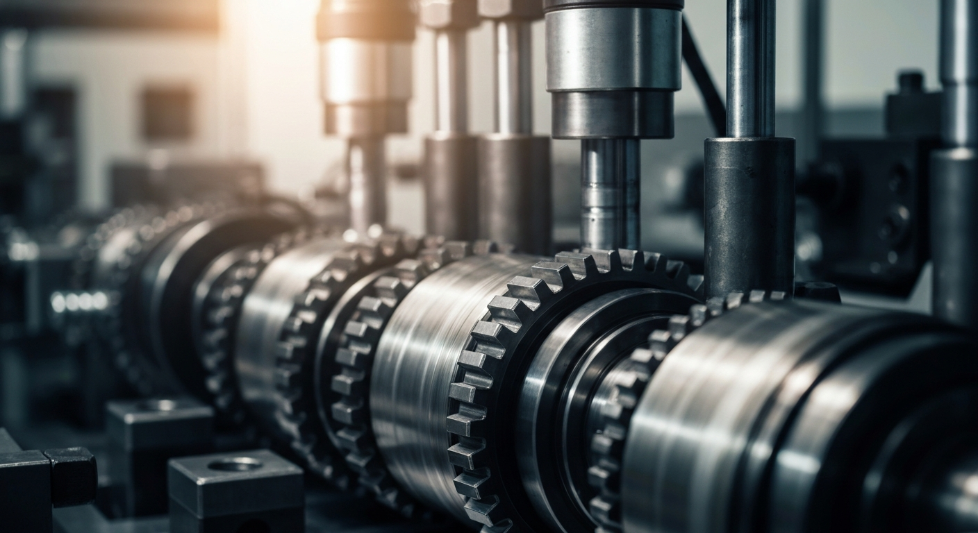 An extreme close-up of the gears, rollers, and mechanisms of an industrial aluminum can production line, conveying the complex, high-precision nature of Ball's manufacturing operations.