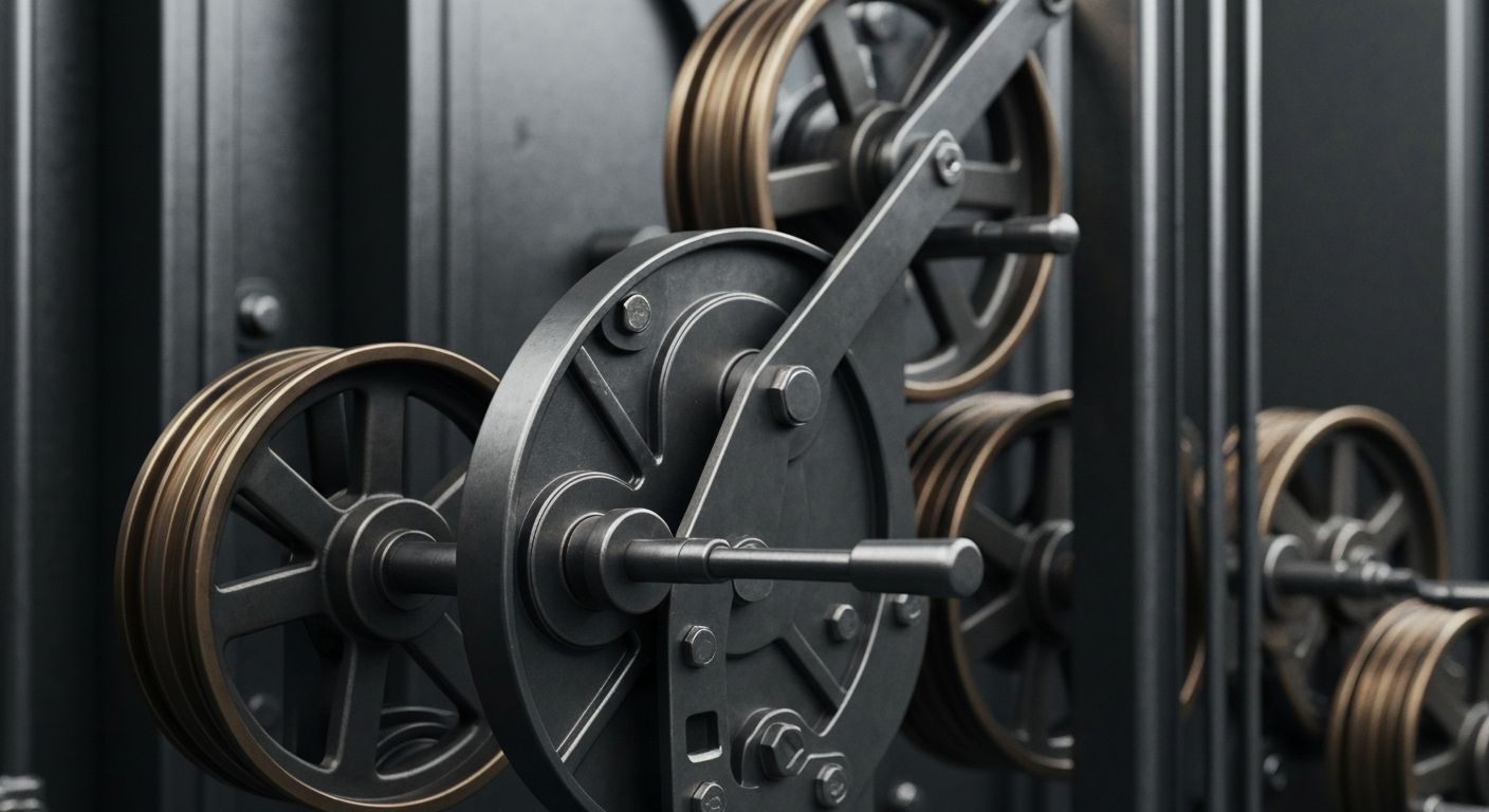 An extreme close-up of intricate, heavy-duty banking machinery and mechanisms, conveying the secure, industrial nature of financial institutions and transactions.