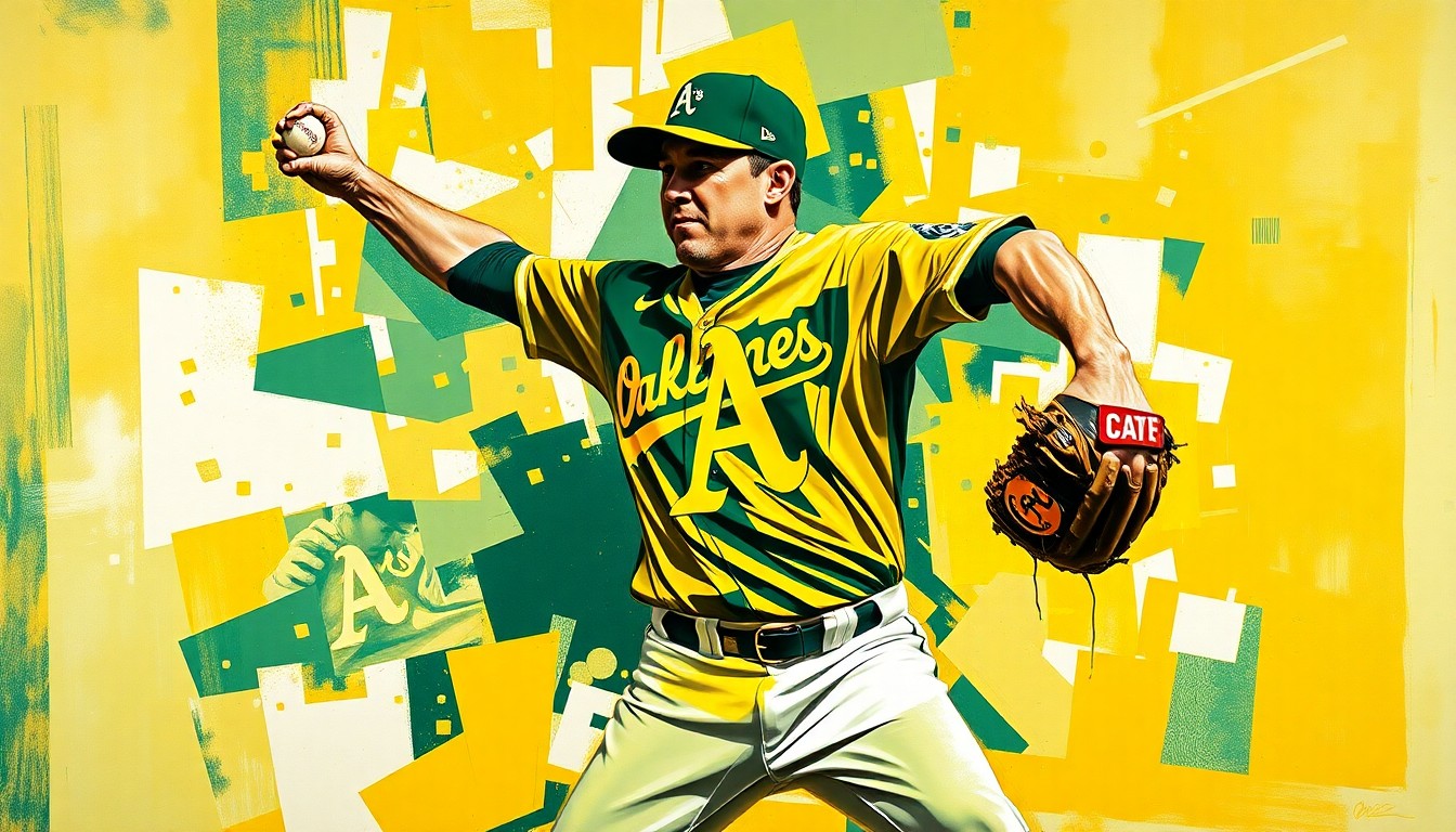 A fragmented, geometric painting depicting a baseball pitcher's motion, with sharp planes of green and gold representing the Oakland Athletics' colors. The abstract style captures the team's high-stakes dependence on Severino's success.