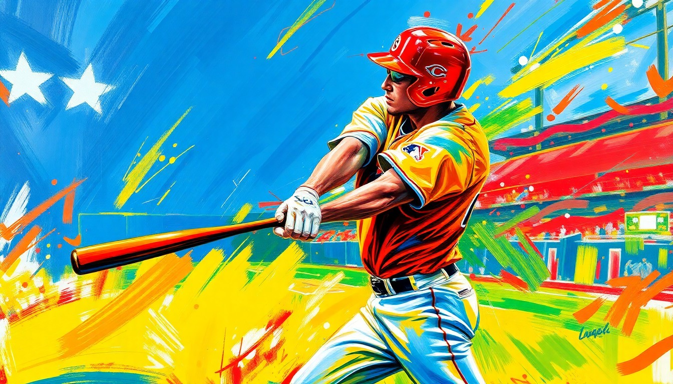 An abstract, energetic painting in neon colors depicting the dynamic motion of a baseball player swinging a bat, conceptually representing the excitement and community spirit of a minor league baseball player meet-and-greet event.