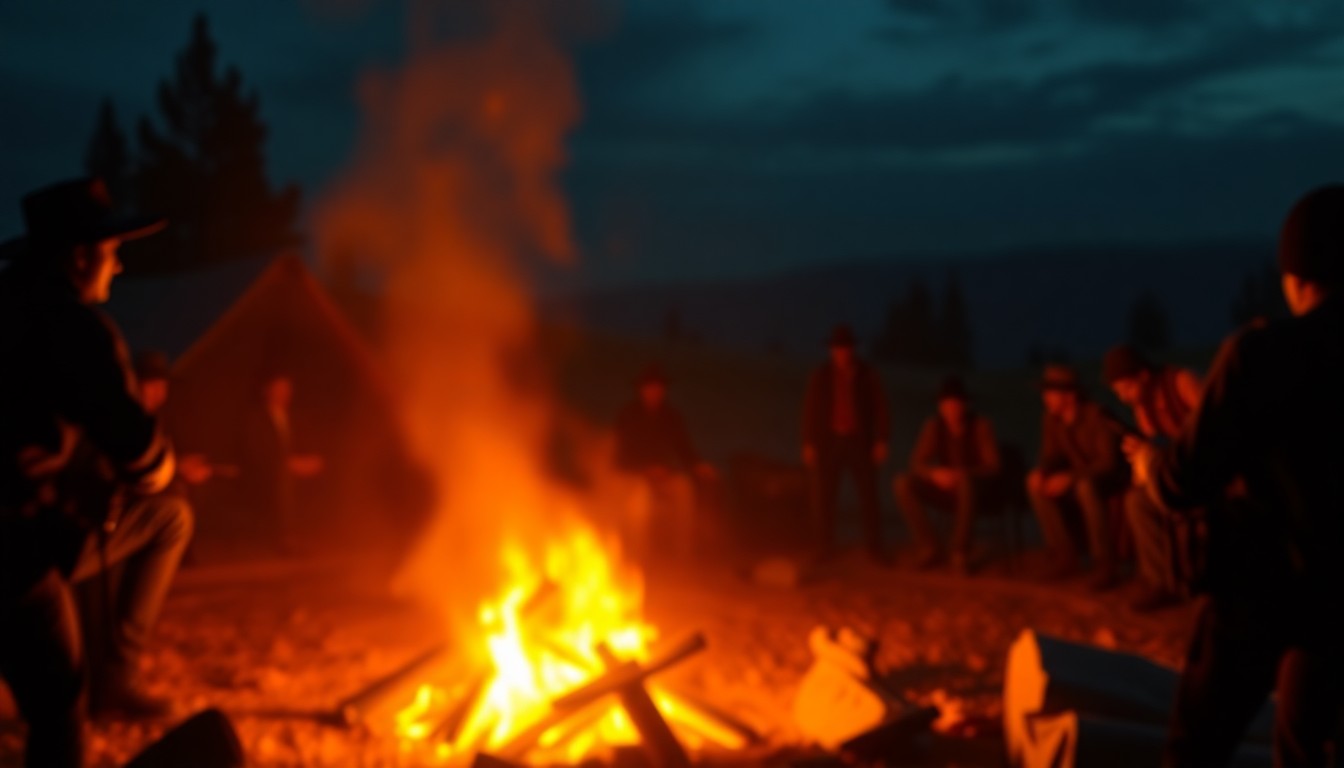 An abstract, impressionistic scene of a campfire flickering in the distance, with soft pools of warm light and silhouetted figures gathered around, conveying the cozy, nostalgic mood of a historical storytelling event.