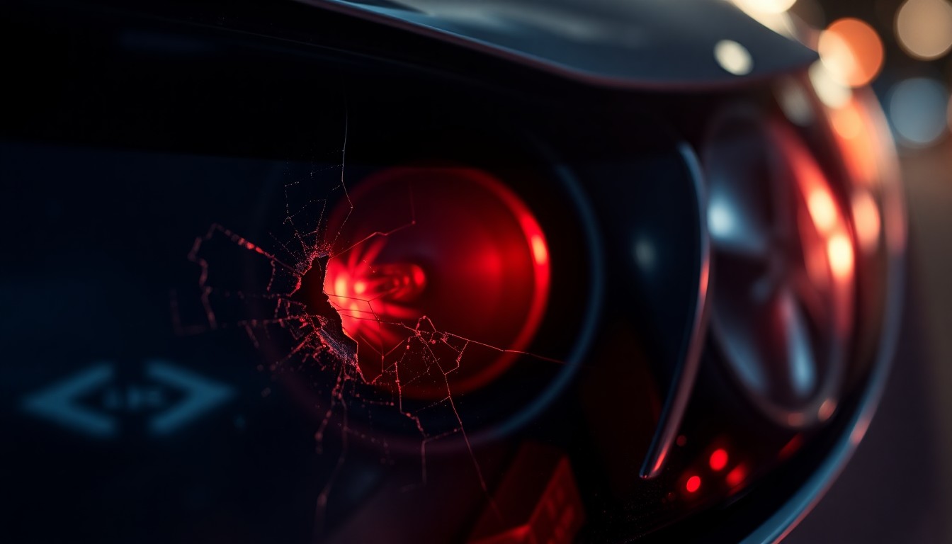 An extreme close-up of a shattered car sensor lens reflecting a faint red light, conceptually illustrating the vandalism of self-driving cars.