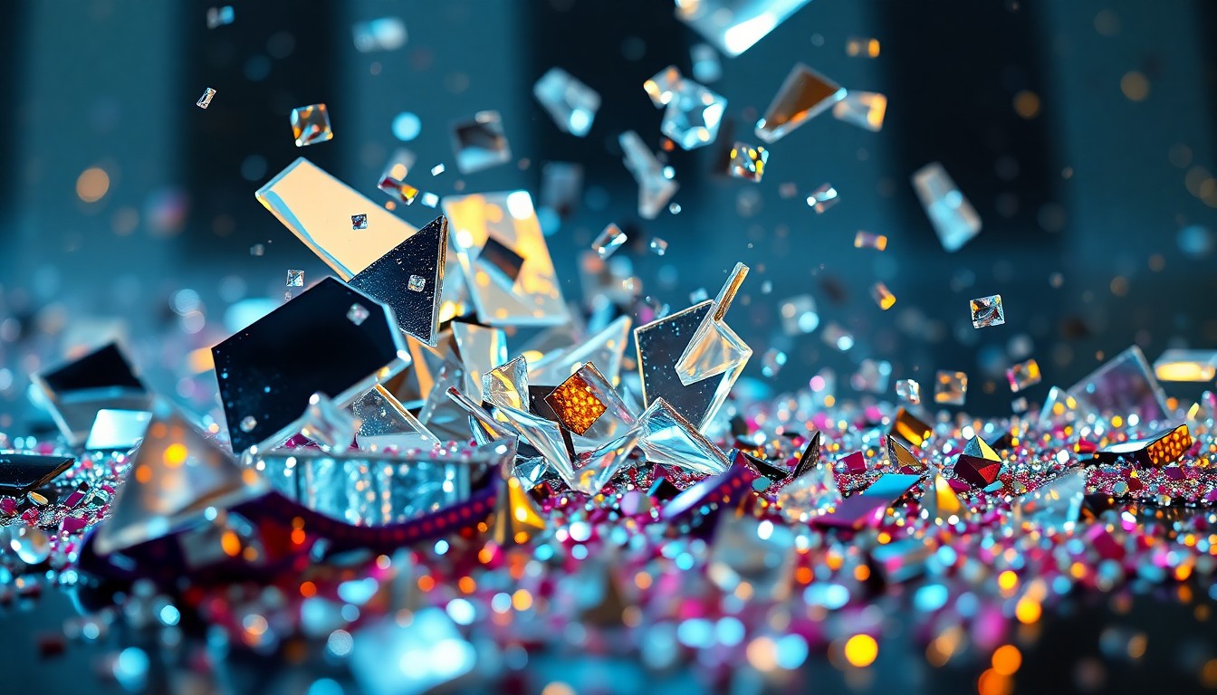 An abstract close-up photograph featuring shards of shattered glass and glittering sequins in dramatic high-contrast lighting, conveying a sense of fragmentation and the glamorous yet volatile nature of celebrity politics.