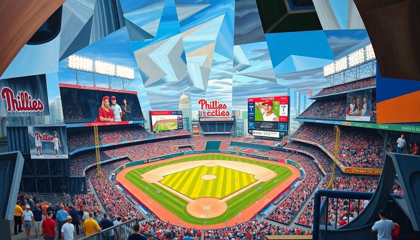 A cubist-style painting featuring overlapping geometric shapes and planes in shades of red, blue, and yellow, conceptually representing the intricate dynamics of a baseball lineup and the Phillies' offensive challenges.