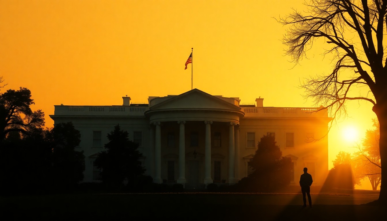 A serene, cinematic painting of the White House in warm, golden light, with a solitary figure standing in the foreground, creating a contemplative and symbolic scene about the dynamics of power and transparency.