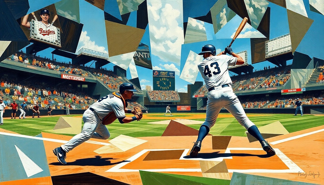 A fractured, geometric painting depicting a baseball catcher's position and a batter's swing, with the rest of the players and field broken down into abstract shapes and planes, capturing the struggle and complexity of the Yankees' offensive woes.