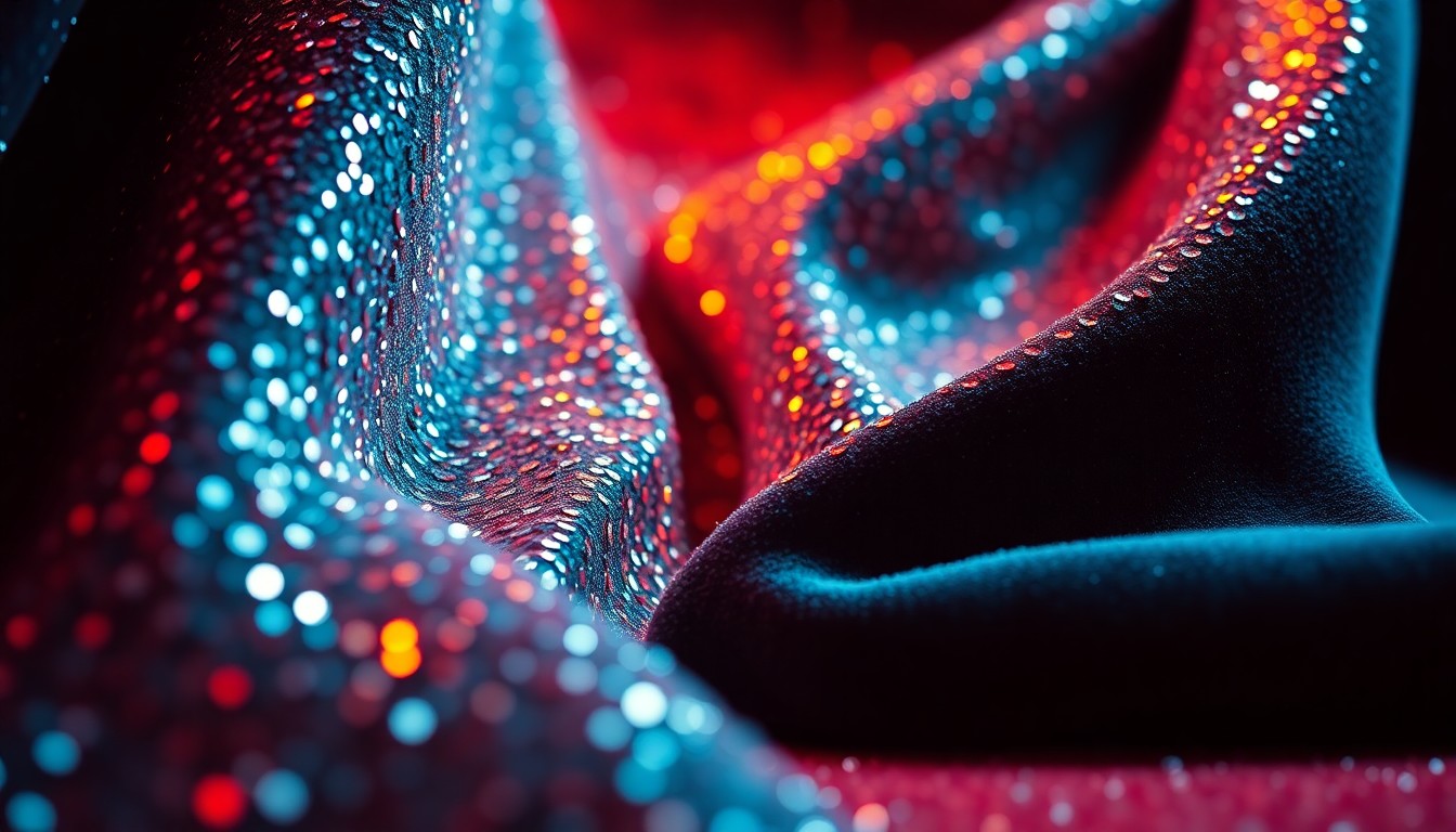 An extreme close-up of shimmering sequins and plush velvet textures, capturing the luxurious and glamorous aesthetic of a high-fashion red carpet moment.