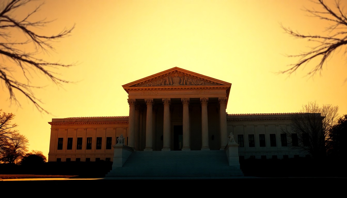 A photorealistic painting of the Supreme Court building in Washington, D.C., rendered in the style of Edward Hopper's cinematic urban landscapes. The building is bathed in warm, diagonal sunlight, with deep shadows casting a contemplative mood over the scene.