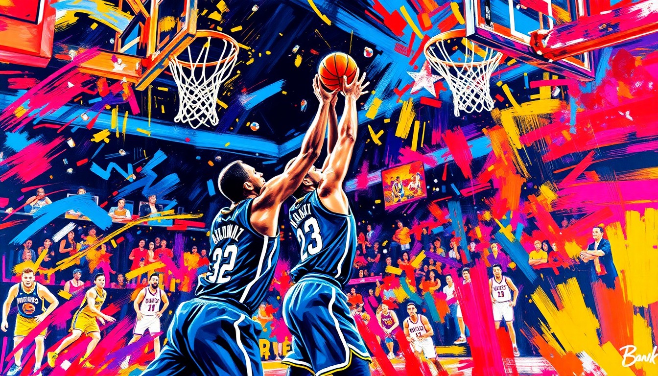 An abstract, energetic painting featuring overlapping brushstrokes of neon orange, electric blue, and vibrant yellow, capturing the frenetic pace and high-scoring action of a professional basketball game.