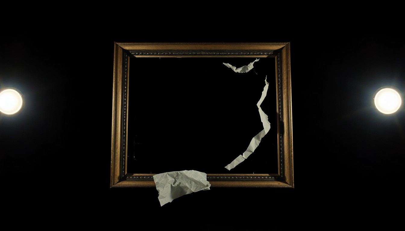 An extreme close-up of a broken picture frame, its glass shattered and reflecting a harsh, direct flash of light, conceptually representing the disturbing nature of the crime scene.