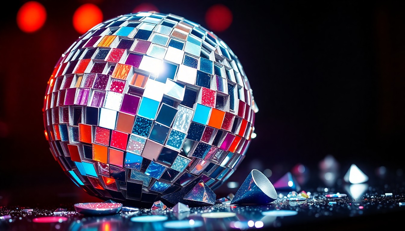 An extreme close-up photograph of a shattered disco ball, its glittering shards reflecting the studio lights in a kaleidoscope of color, conceptually representing the personal turmoil and creative brilliance behind Fleetwood Mac's 'Rumours' album.