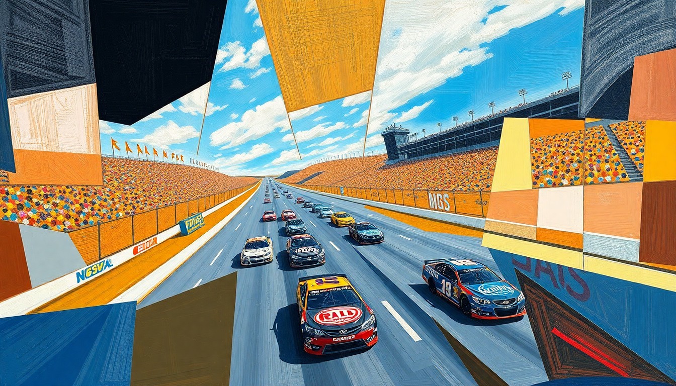 A fragmented, geometric painting depicting a NASCAR race at a superspeedway, with sharp, overlapping planes of color and form representing the high-speed action and competitive nature of the sport.