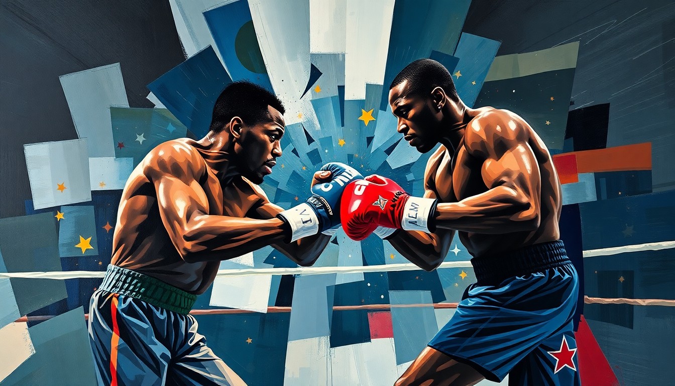 A fragmented, geometric painting depicting the dynamic movements and power of a heavyweight boxing match, with sharp, overlapping planes of color and form representing the combatants' actions in the ring.