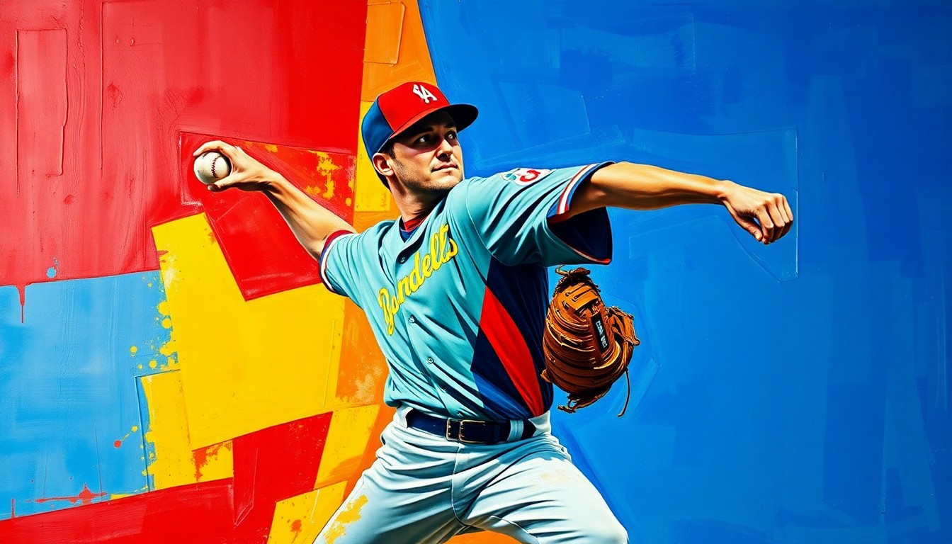 A cubist-style painting depicting a baseball pitcher's throwing motion broken down into sharp, overlapping geometric shapes in vibrant colors, representing the Red Sox's strategic approach to addressing their bullpen needs.