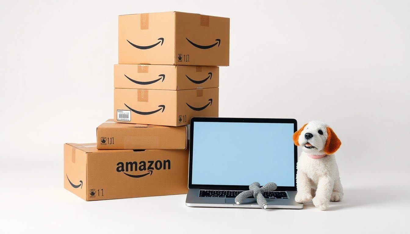 A minimalist, high-contrast studio photograph featuring a stack of Amazon delivery boxes, a laptop, and a dog toy arranged on a clean white background, symbolizing the company's e-commerce and technology prowess as well as its new pet adoption program.
