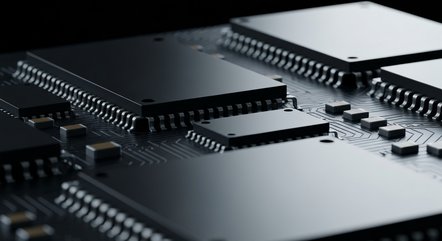 An extreme close-up of complex Broadcom semiconductor components and circuit boards, dramatically lit against a dark background, conceptually representing the company's advanced technology.