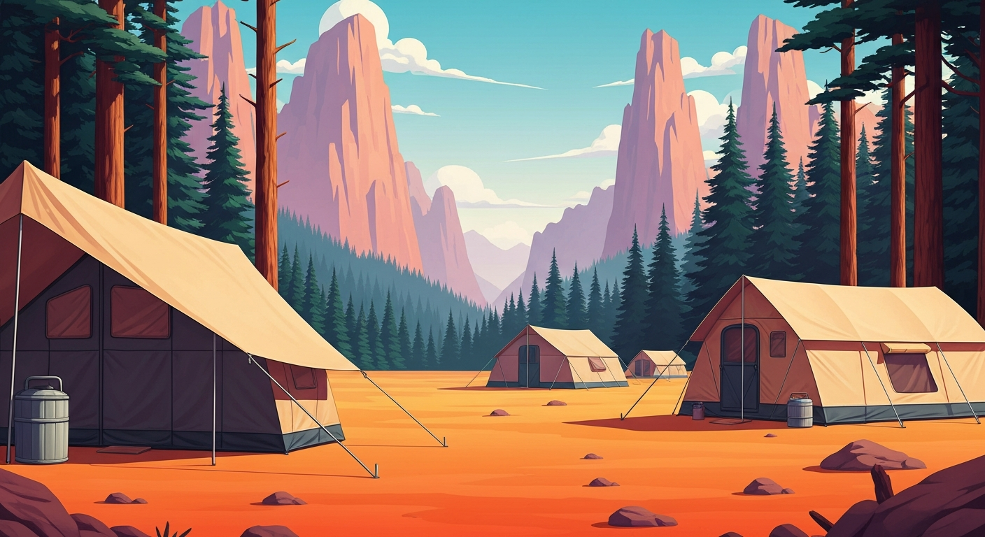 A highly stylized, geometric landscape illustration featuring towering pine trees, rolling hills, and sleek silhouettes of camping gear, all rendered in a bold, Art Deco-inspired visual style.