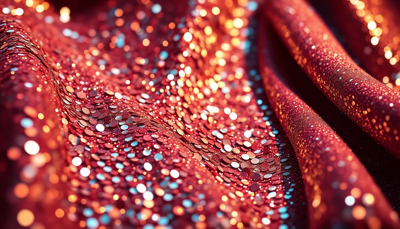 An extreme close-up of shimmering, high-contrast sequins and velvet textures, conceptually representing the glamour and luxury of the fashion industry's intersection with the world of sports.