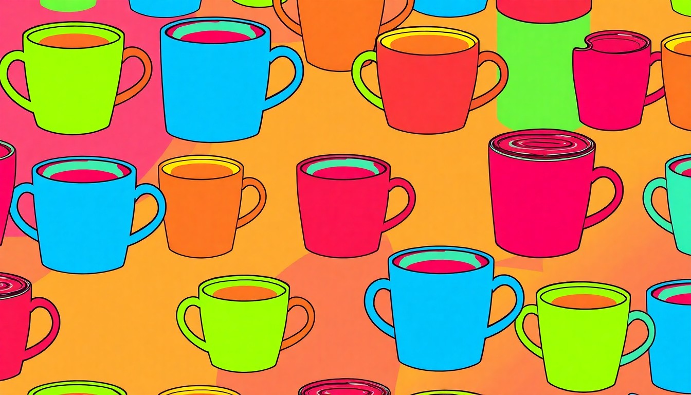 A bold, vibrant silkscreen print featuring a repeated pattern of a stylized coffee cup or other tableware item in a grid, using a neon color palette and heavy black outlines to create a modern pop art aesthetic that captures the essence of Gourmega's design.