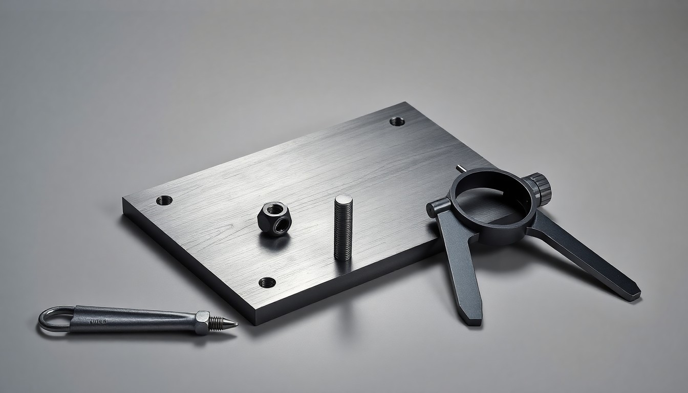 A high-end, photorealistic studio still-life photograph featuring a polished steel plate, a military-grade bolt, and a set of precision measuring tools, conceptually representing Algoma Steel's role in the Canadian defence industry.