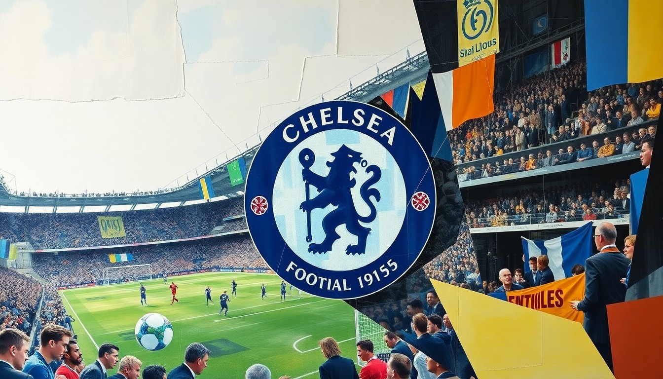 A cubist-style painting featuring overlapping geometric shapes and planes in blue, white, and red, representing the fractured nature of a Chelsea football match and the team's defensive issues.