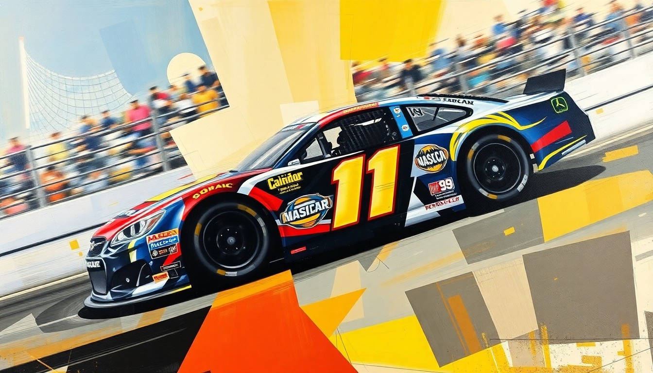 A fractured, cubist-style painting depicting the dynamic movements and energy of a NASCAR race, with the car and driver's forms broken down into sharp, overlapping geometric shapes and planes, conveying the tension and learning curve of a content creator's transition to professional racing.