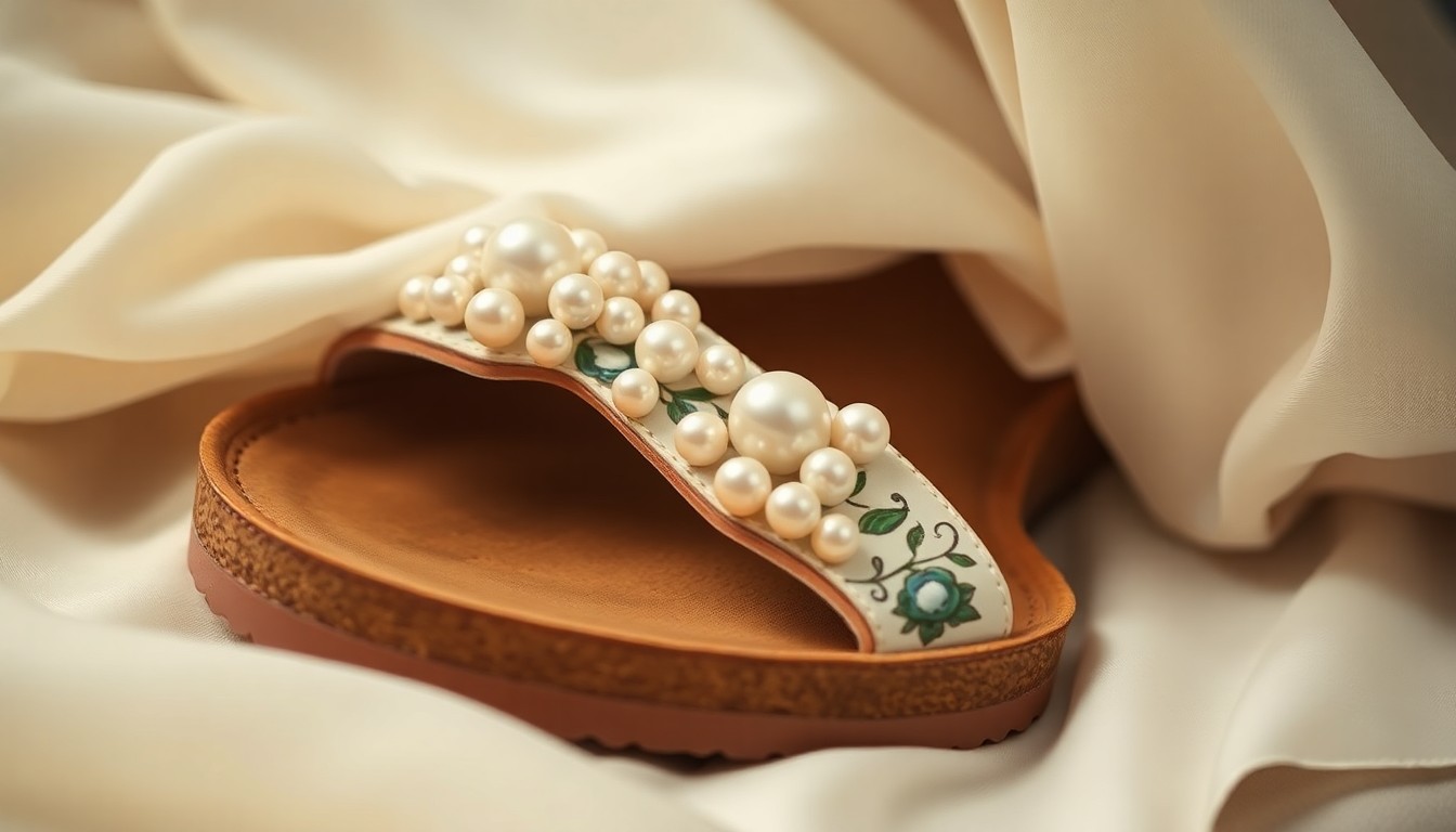 An extreme close-up photograph of a hand-painted Birkenstock sandal adorned with delicate pearls and chiffon blooms, capturing the luxurious textures and craftsmanship of the collaborative bridal collection.