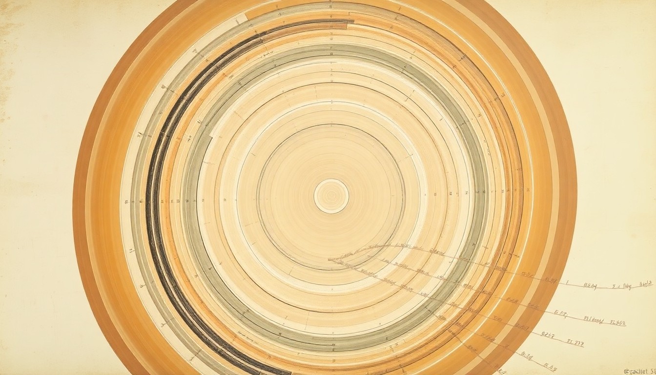 A bold, abstract painting in earthy tones featuring sweeping geometric arcs, concentric circles, and precise spirals, conceptually representing the complex process of film development and restoration.
