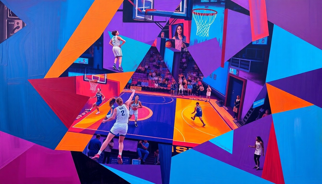 A cubist, geometric painting depicting a WNBA basketball game in motion, with sharp, overlapping shapes and planes of vibrant purple, blue, and orange, conveying the dynamic energy of the sport.