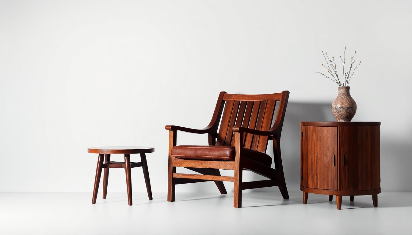 A high-end, photorealistic studio still-life photograph featuring a polished wooden chair, side table, and decorative vase, conceptually representing the refined, corporate symbolism of a family-owned business closing after over a century of operation.
