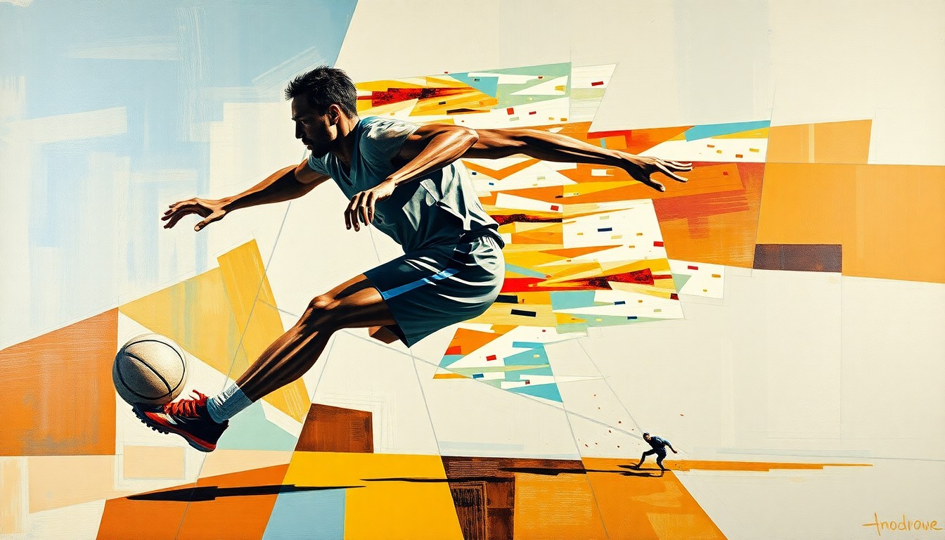 A cubist-style painting depicting a sports player in motion, broken down into sharp, overlapping geometric shapes in muted tones, conceptually representing the complexities and consequences of unresolved personal disputes.