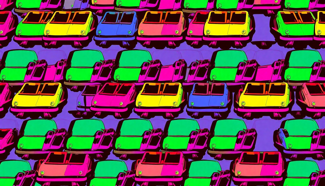 A vibrant, silkscreen-style illustration featuring a repeated image of a classic roller coaster car in a grid pattern, using bold neon colors and heavy black outlines to capture the celebratory spirit of Six Flags Great America's 50th anniversary.