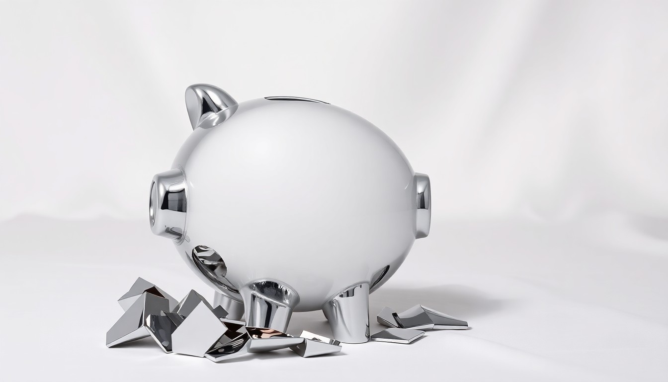 A high-end, photorealistic studio still-life showing a shattered chrome piggy bank on a clean, white background, symbolizing the financial losses suffered by Coty shareholders due to the company's misleading statements about its performance and outlook.