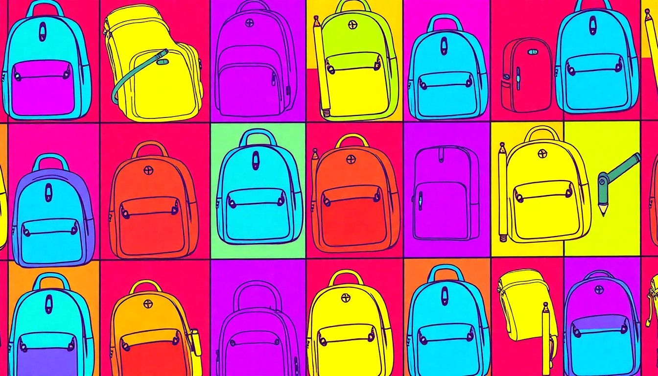 A brightly colored, high-contrast silkscreen print of a school backpack repeated in a tight grid pattern, conceptually representing the mixed emotions surrounding the renovated Hays Middle School.
