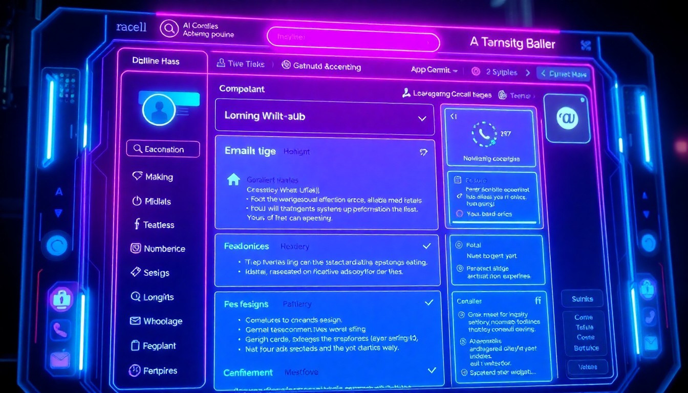 A visually striking, neon-lit 3D illustration of a futuristic email inbox interface, with various organizational sections and AI-powered features glowing with a sense of high-tech innovation and cyberpunk energy.