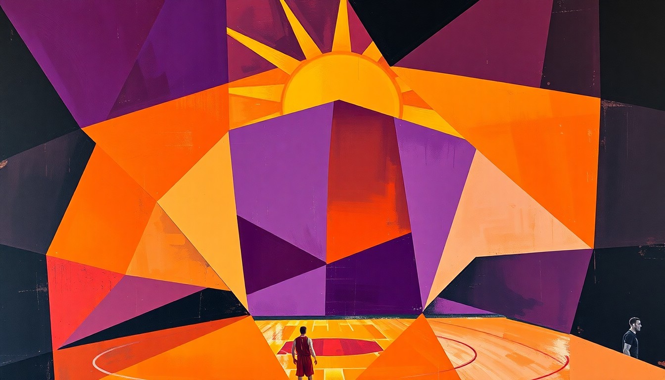 A cubist, geometric painting depicting a fragmented basketball game, with overlapping planes of the Suns' team colors representing the challenges they face due to injuries.