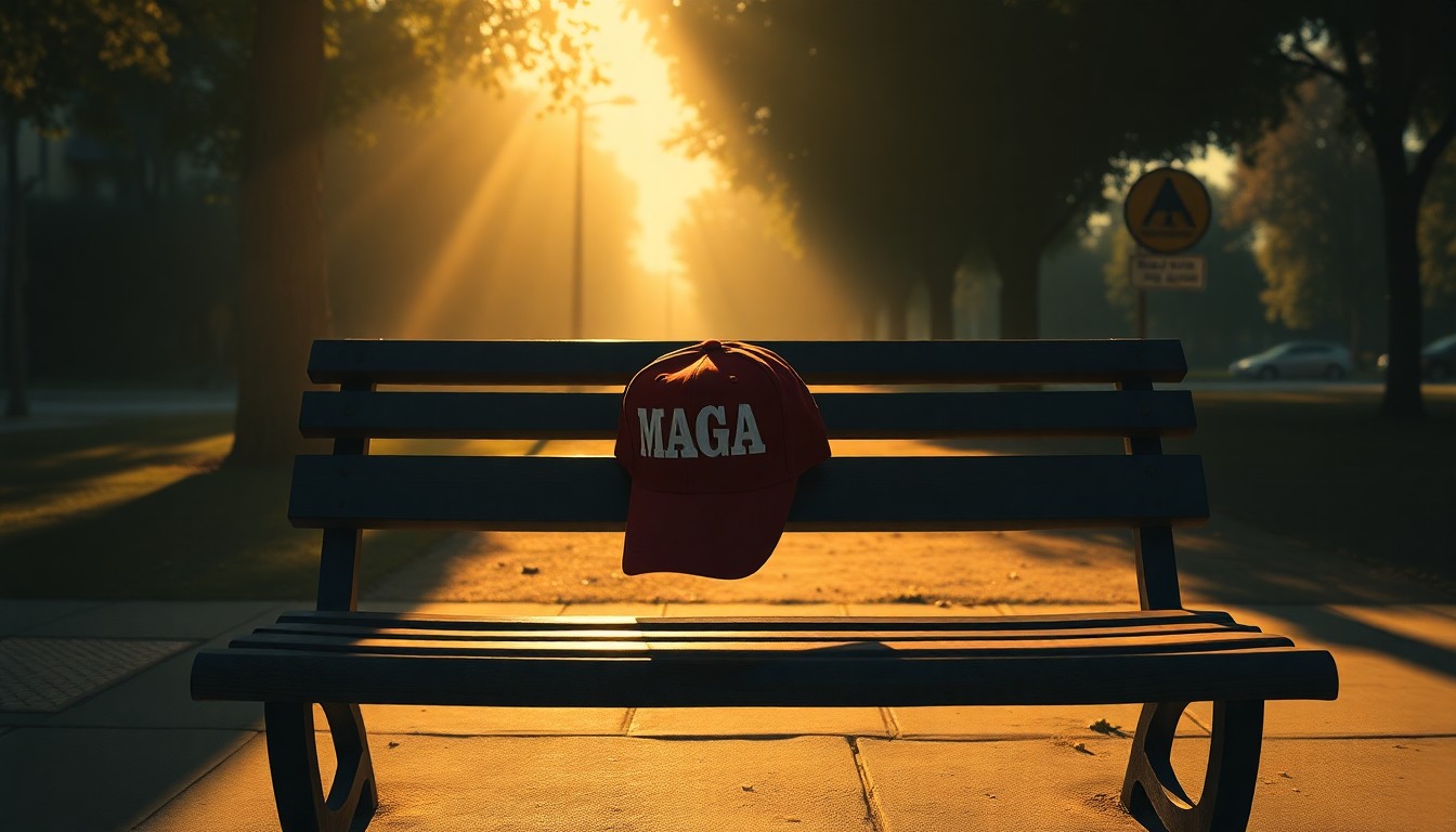 A serene, cinematic painting depicting a solitary red MAGA hat sitting alone on a park bench, the hat's vibrant color contrasting with the warm, muted tones of the surrounding urban landscape.