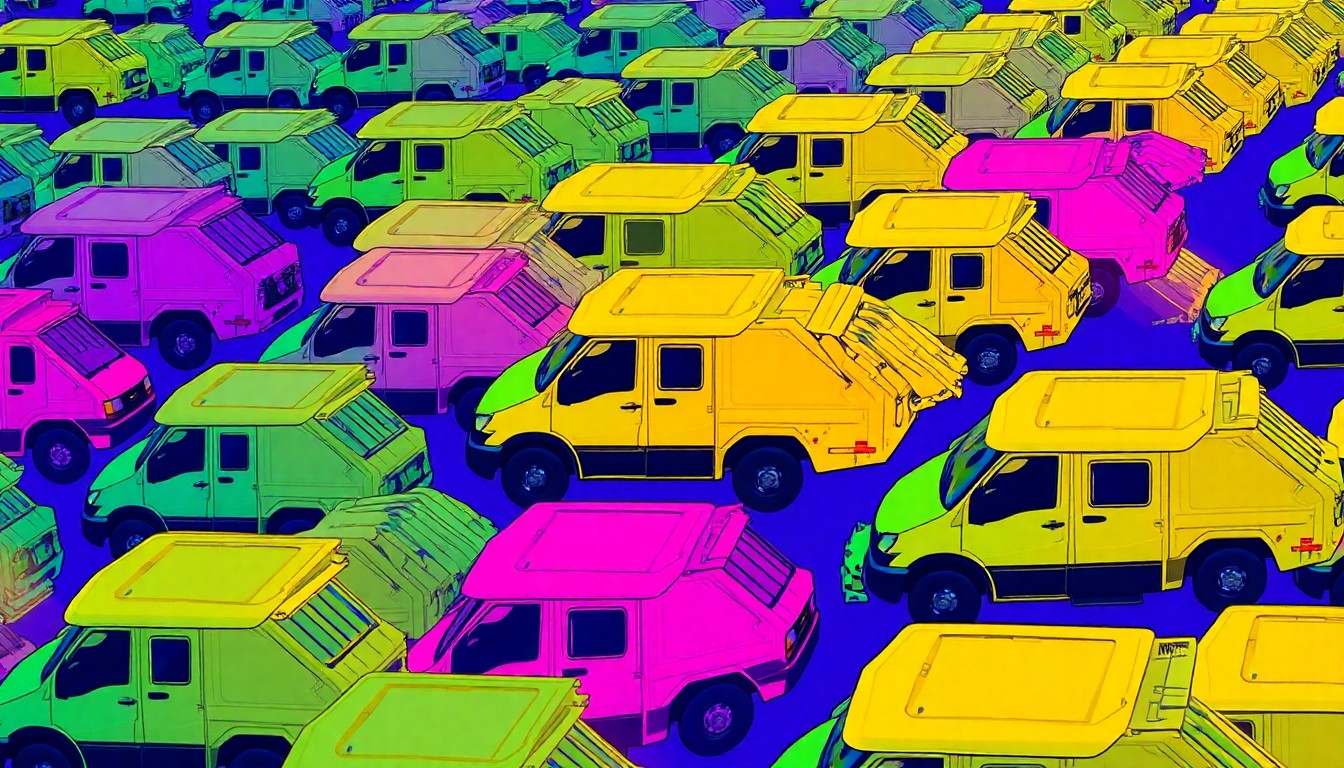 A brightly colored, high-contrast silkscreen print of a small garbage truck repeated multiple times in a tight grid pattern, capturing the unique and iconic imagery of the vehicles that service the hidden alleys of Forest Hills Gardens.