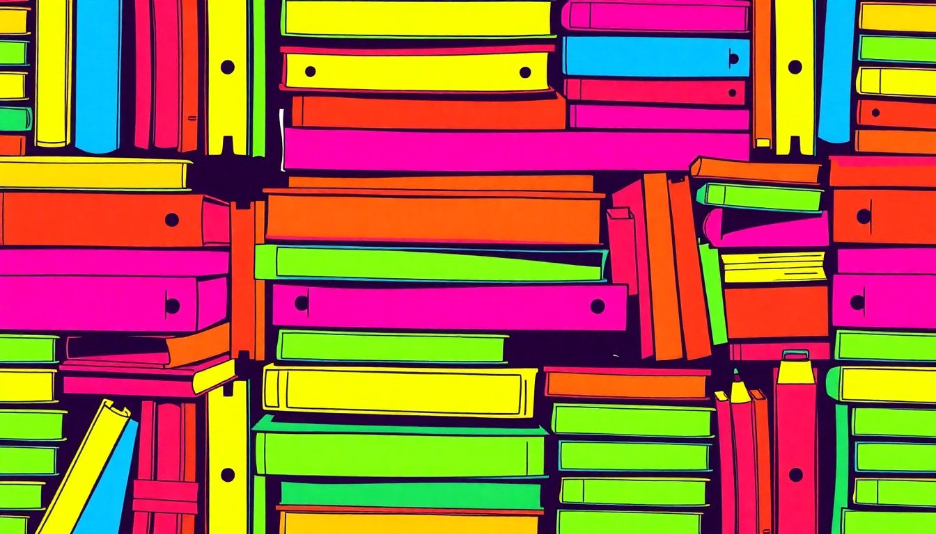 A visually striking grid of brightly colored, high-contrast silkscreen images depicting stacks of textbooks and school supplies, conceptually representing the complex budget decisions facing the Chapel Hill-Carrboro school district.