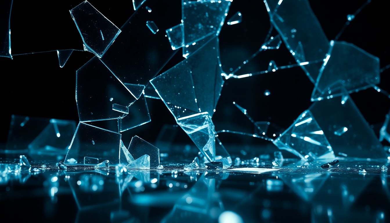 An abstract close-up image featuring shattered glass and reflective metal surfaces, captured in dramatic, high-contrast studio lighting to convey the technological innovations and visual spectacle of the TRON: Legacy film.