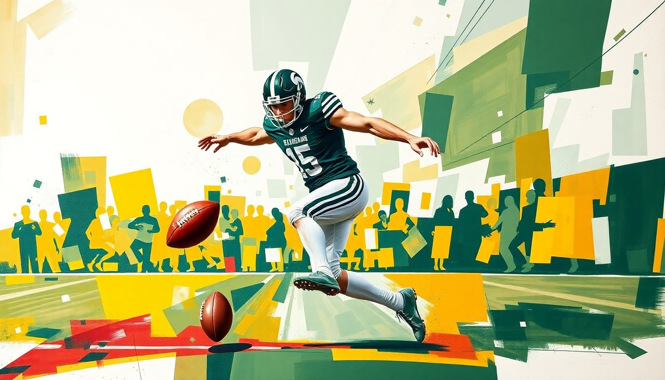 A fractured, multi-perspective painting depicting a football player in mid-punt, with the ball and player's body broken down into sharp, overlapping geometric shapes in vibrant green, white, and gold colors, conceptually representing the unique journey of an international athlete adapting to a new sport.