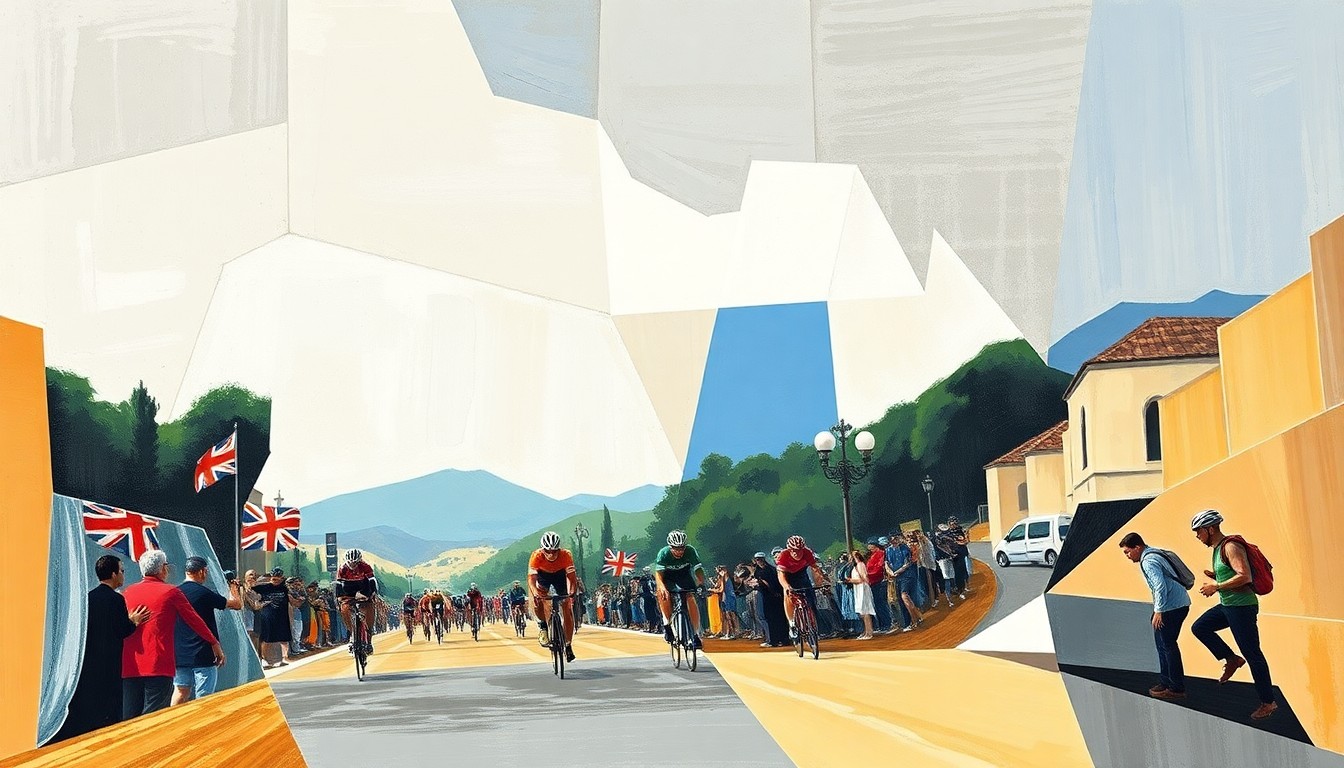 A cubist, geometric painting depicting the intense battle between cyclists at the Tour de la Provence stage 2 finish line, with sharp, overlapping planes of color and form representing the dynamic action.