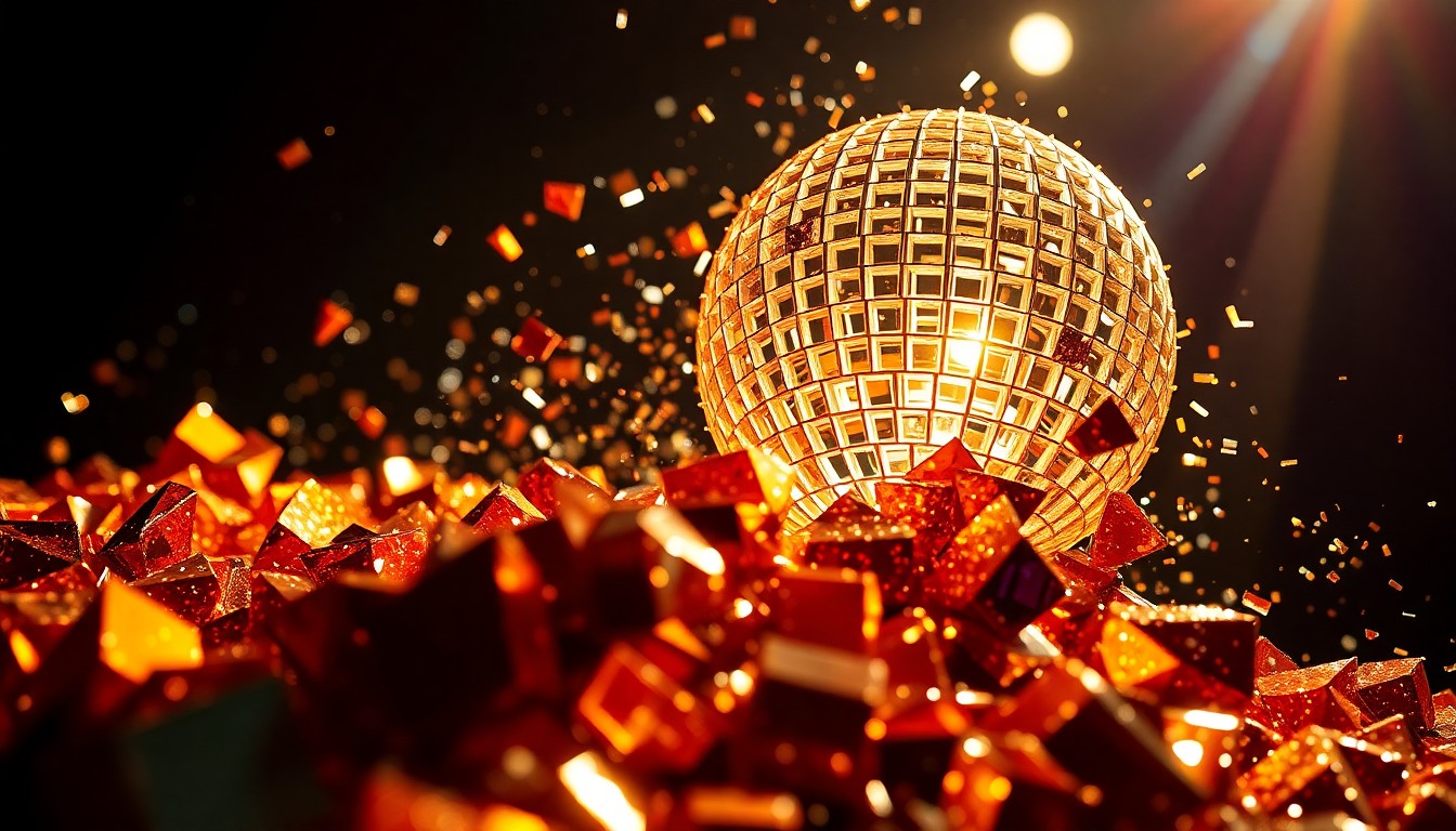 An extreme close-up photograph of shattered, glittering disco ball fragments in dramatic, high-contrast studio lighting, capturing the high-energy spirit of a rock concert without any literal objects or people.