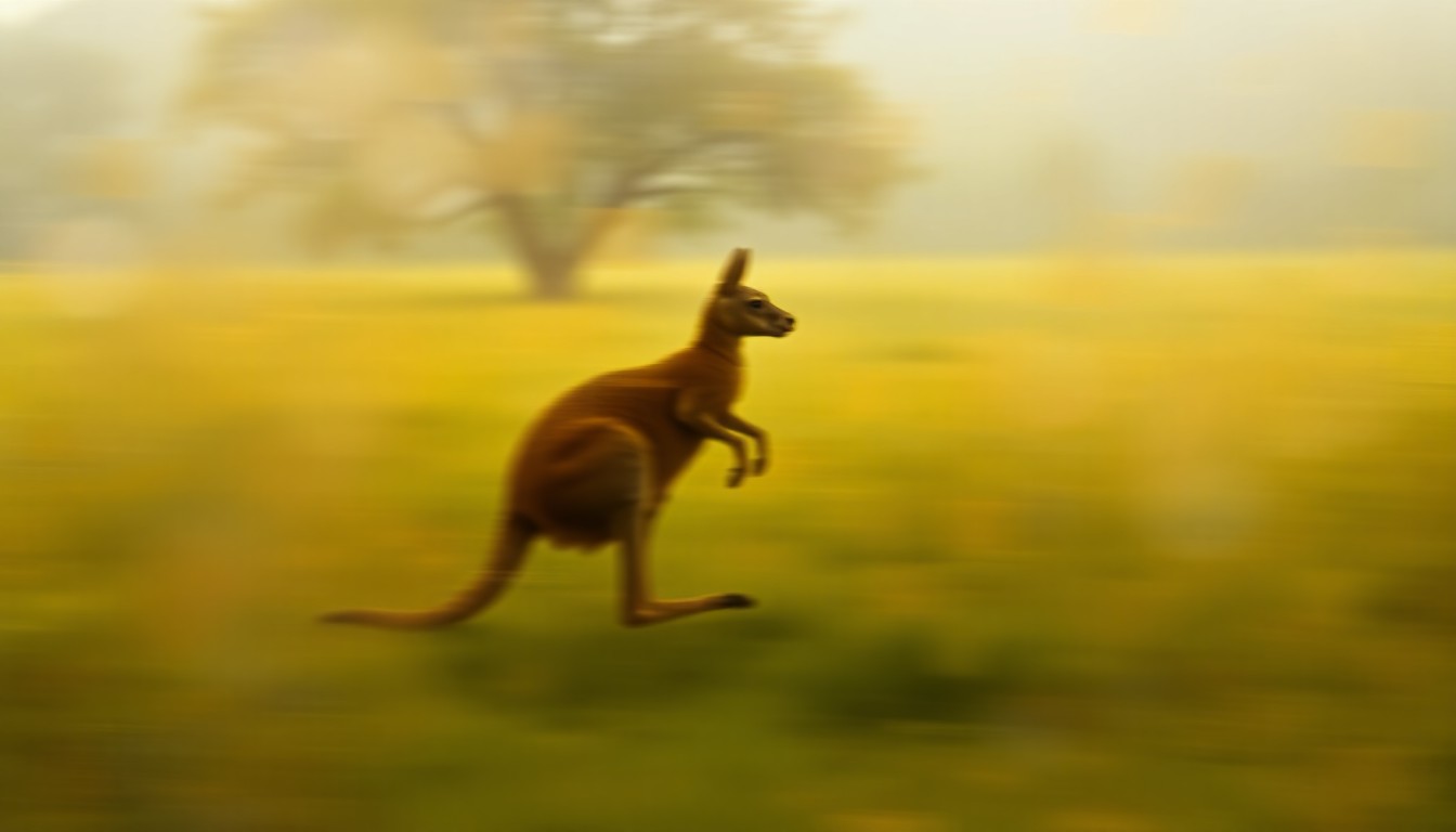 An extremely abstract, out-of-focus photograph depicting a blurred, impressionistic silhouette of a kangaroo running through a lush, green field, with warm, soft pools of light and color creating a dreamlike, painterly effect.