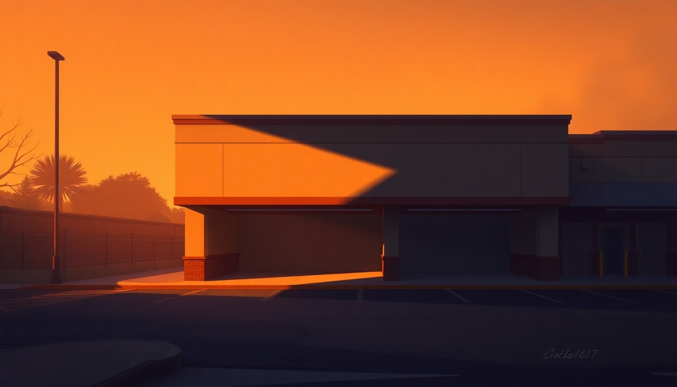 A serene, photorealistic painting of an empty municipal service garage building, its facade bathed in warm, golden sunlight and deep shadows, conveying a sense of contemplative solitude and civic responsibility.