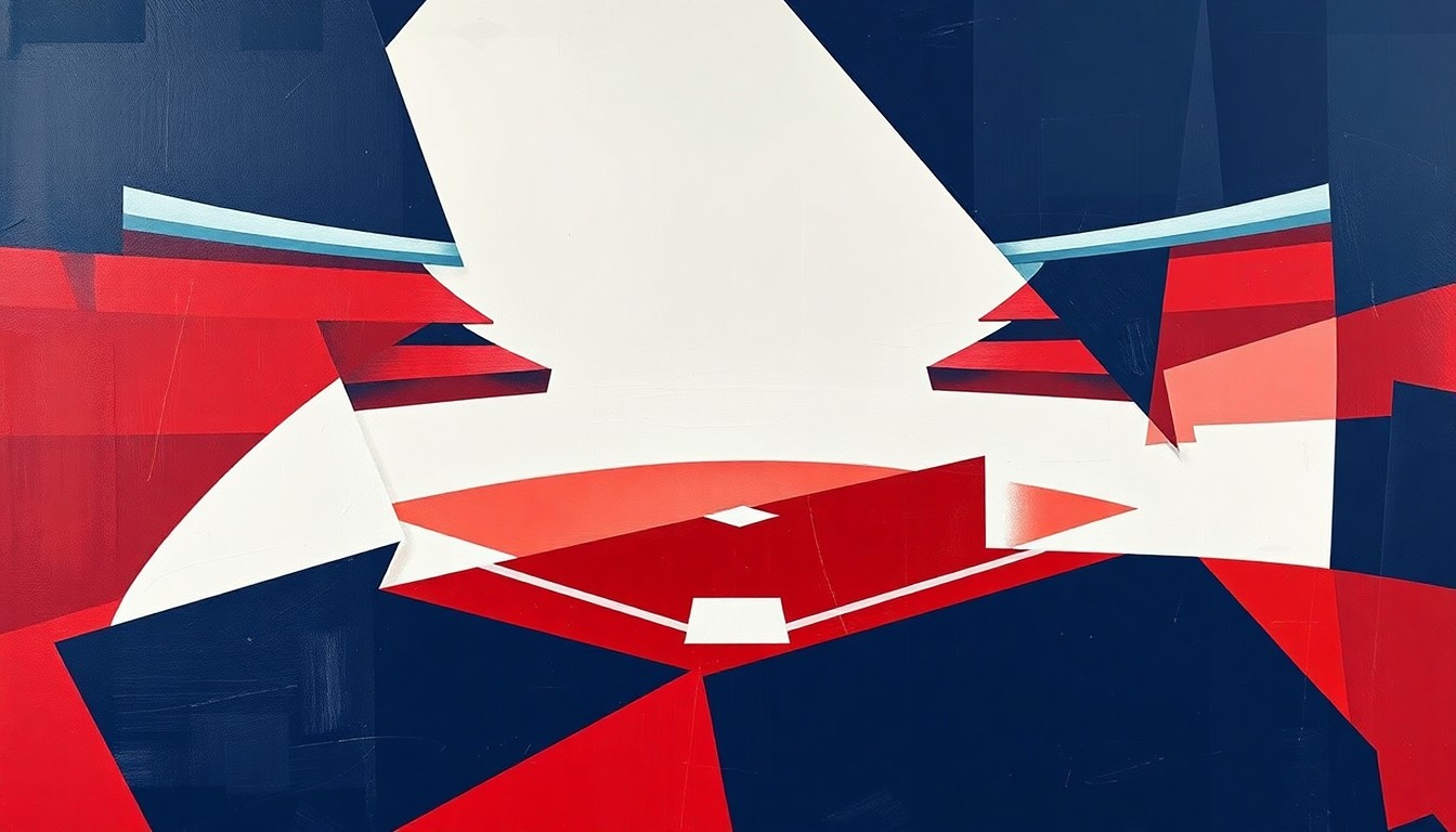 A cubist-style painting depicting a baseball infield broken down into sharp, overlapping geometric shapes in shades of red, white, and navy blue, conceptually representing the strategic position changes of the Red Sox players.
